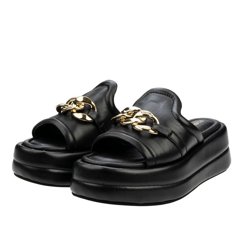 Alba Moda Black Leather Hardware Chain Slide Sandals